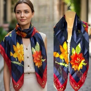 Talbots Floral Silk Scarf Square 34x34 Navy Blue Red Holidays Christmas New